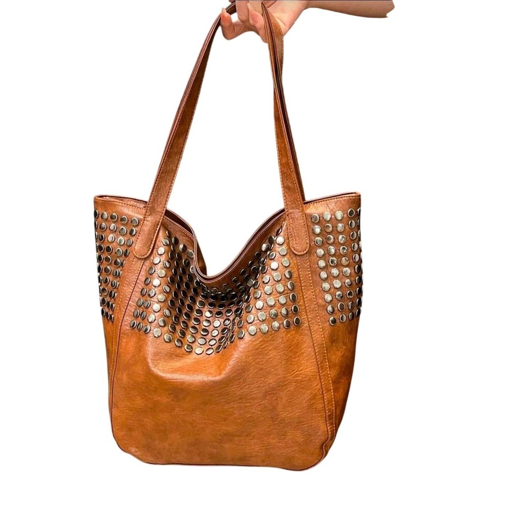 Studded Tote Bag Brown Faux Leather Shoulder Bag Women Large Hobo Purse - Picture 2 of 7